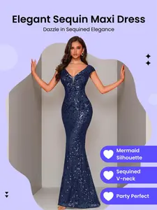 Women's Sequins Mermaid Evening Dress, Elegant V Neck Cap Sleeve Evening Party Gown, Ladies Clothes for Prom Cocktail Banquet Wedding Guest