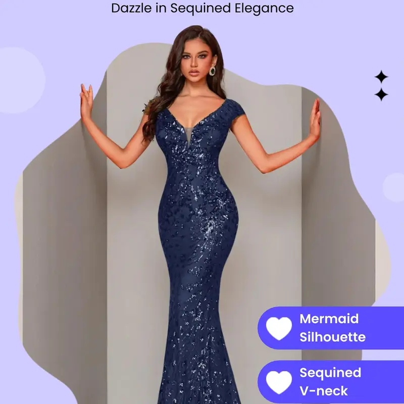 Women's Sequin Mermaid Formal Evening Dress, Elegant V-Neck Cap Sleeve Party Gown, for Prom, Cocktail, Banquet & Wedding Guest