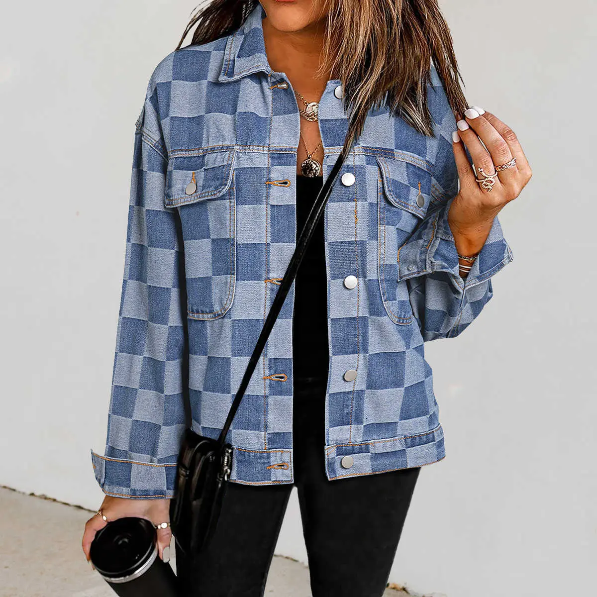 Light Blue Checkered Patchwork Button up Denim Jacket