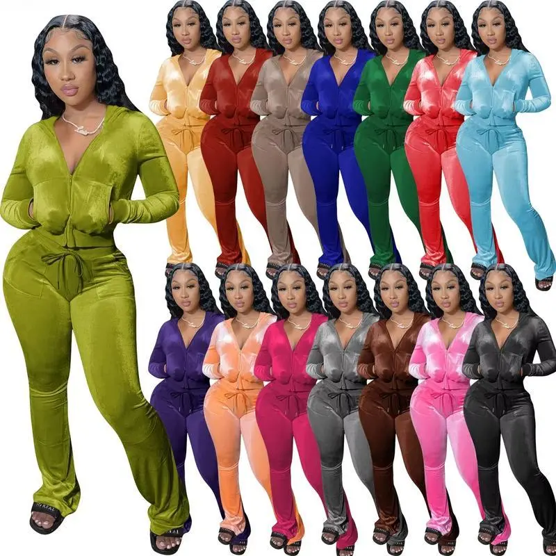 Women Autumn Two Piece Outfits 2 Piece Velour Tracksuit Sweatsuits Zip Up Hooded Jacket Flared Pants Jogger Sets used with raincoat