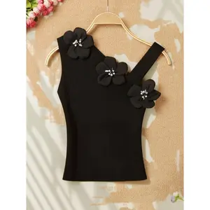 [Solid Stereo Flower Knitted Top] Solid Stereo Flower Asymmetric Neckline Knitted Top, Elegant Sleeveless Top For Summer & Spring, Women's Clothing For Coquette/Cute/Y2K Style