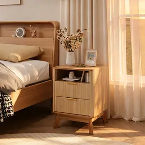 Garvee Modern Fluted 2-Drawer 18" Bedside Table with Charging Station - Deep Black Walnut, Single Pack - Versatile for Bedroom, Living Room