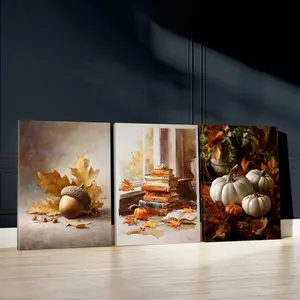 3pcs Warm Tones Wall Art, Fall Season Poster, Cozy Atmosphere Art Prints, Pumpkin Display Home Decor, Autumn Wall Paintings, Modern Canvas Posters Wall Arts, Decor For Living Room, Restaurant, Kitchen, Bedroom, Housewarming Gift, With Frame