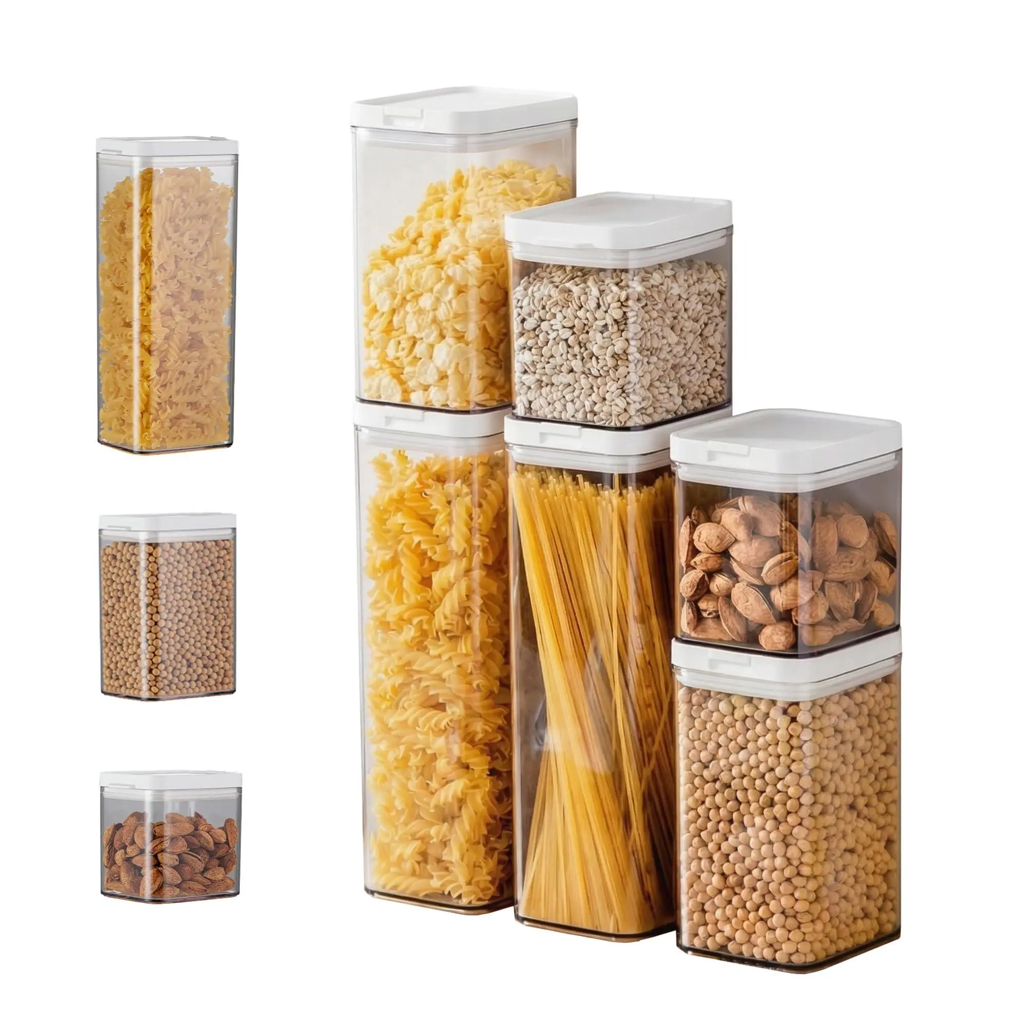 GARVEE 6-Piece Double Lid Airtight Storage Jars Set, Food Grade AS+PP+TPE, 2 Large (64oz/1.9L), 2 Medium (37oz/1.1L), 2 Small (23oz/0.7L), White Lids, Stackable, One-Hand Operation, for Grains, Pasta, Nuts