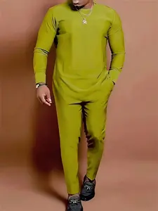 African Dashiki men's long-sleeved shirt, round collar, pleated sleeves, zipper on the shoulder, buttons, slit and elasticated bottom hem. African clothing, men's suit, men's casual shirt and pants set, casual outfit.
