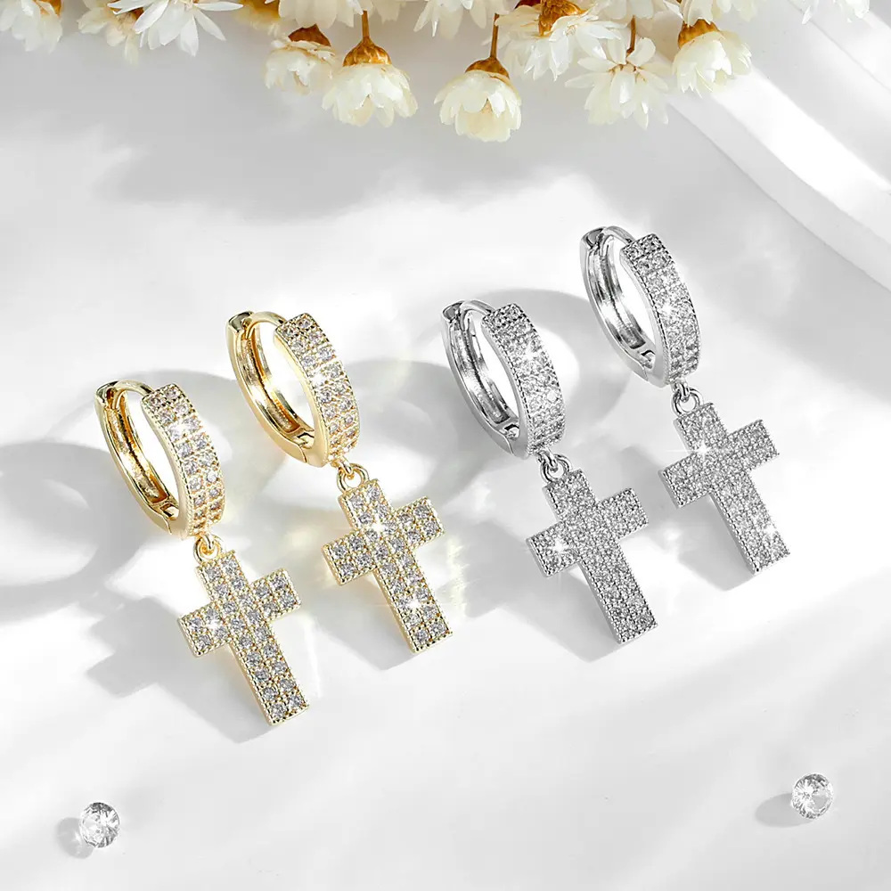 Iced Out Cross Dangle Hoop Earrings, Cubic Zirconia Cross Drop Huggie Earrings, Unisex Hip Hop Street Fashion Jewelry for Men Women, Golden & Silvery Available