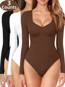 1/2/3 Counts Women's Solid Square Neck Long Sleeve Jumpsuit,Minimalist Shapewear Bodysuit,Stylish Thermal Basic Tops,Comfy Underwear,Slim-fit Cute Tee,Sexy Ladies Fall Winter Clothes,Y2K,Body Shaping Underwear,Suitable for Pairing with Various Clothes