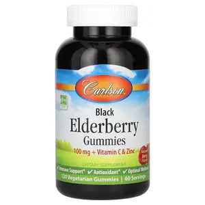 Carlson Black Elderberry Gummies + Vitamin C & Zinc, Natural Berry, 120 Vegetarian Gummies