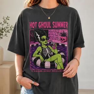 Hot Ghoul Summer T-Shirt, Spooky Halloween Girl Floatie Graphic Tee, Summerween Shirt, Goth Summer Vacation Top, Unisex Cotton Casual Wear Fabric Womenswear