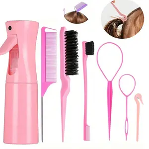 7PCS Pink Hair Styling Tools Set with Fine Mist Spray Bottle, Rat Tail Comb, Volumizing Brush, Bun Styling Tool & Hair Clips, Hair Accessories Kit for Slick Back Hair, Braiding, Parting, Detangling & DIY Hairstyles