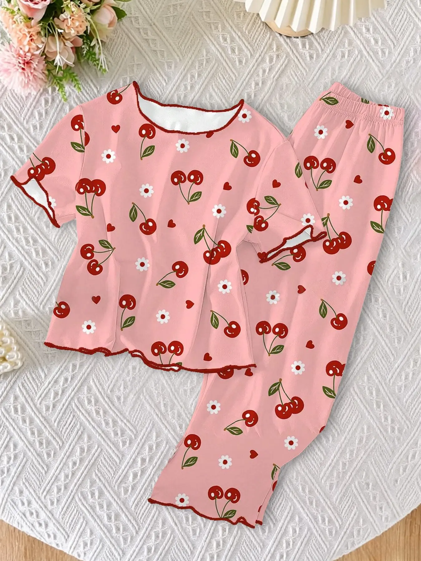 Spring Summer Girls' Sweet Cherry Short Sleeve Pajama Set, Loose Fit, Breathable, Comfortable, Ages 8-12, Casual Home Wear, Fruit Print Pajamas, Pj Set, Breathable Pjs, Loose Fitting Sleepwear