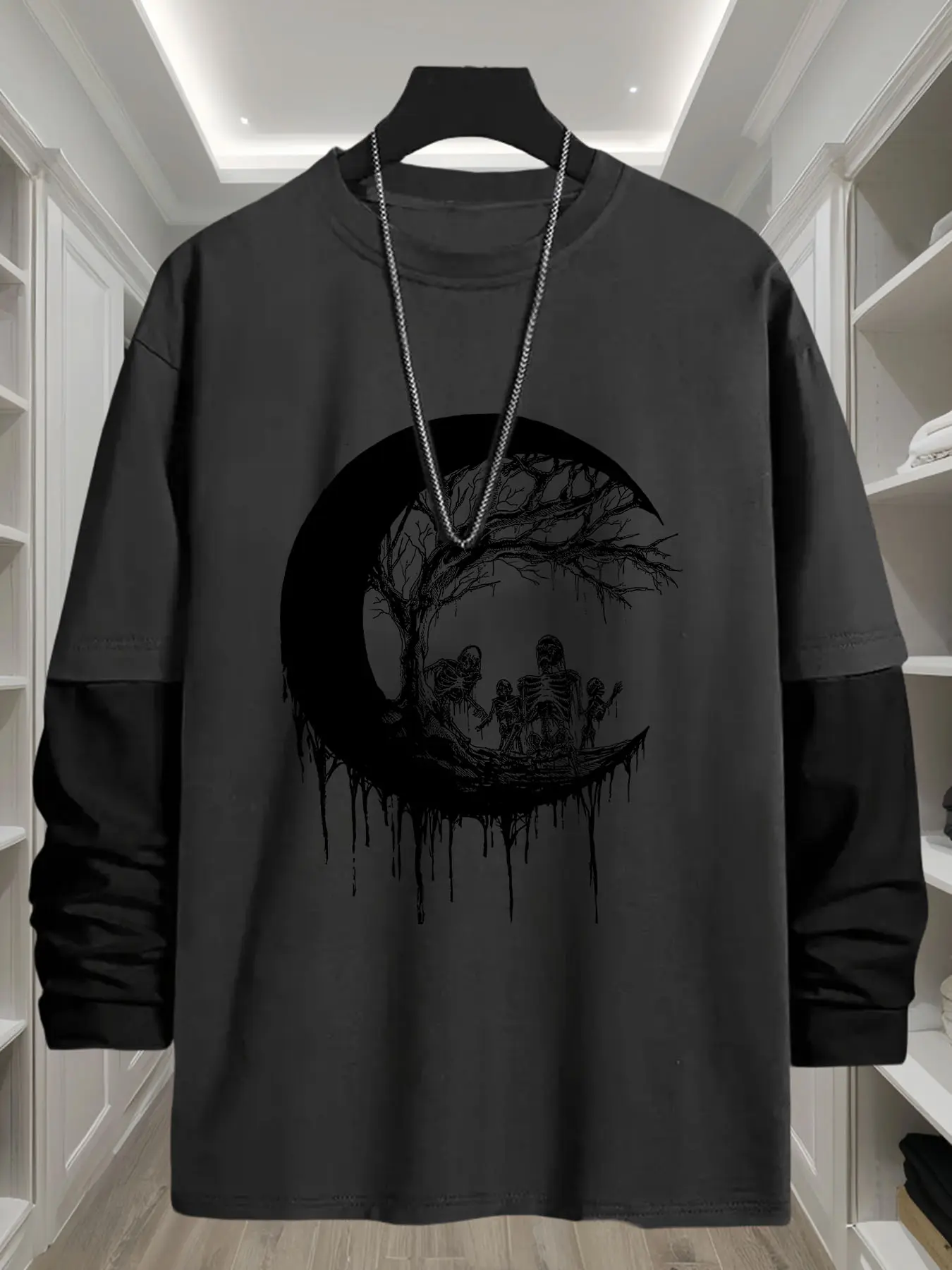 Men's Moon Skull Graphic Print Oversized Loose Fit Long Sleeve Round Neck Crewneck T-Shirt, Fashion Street Style Streetwear Casual Top, Comfortable Trendy Gift