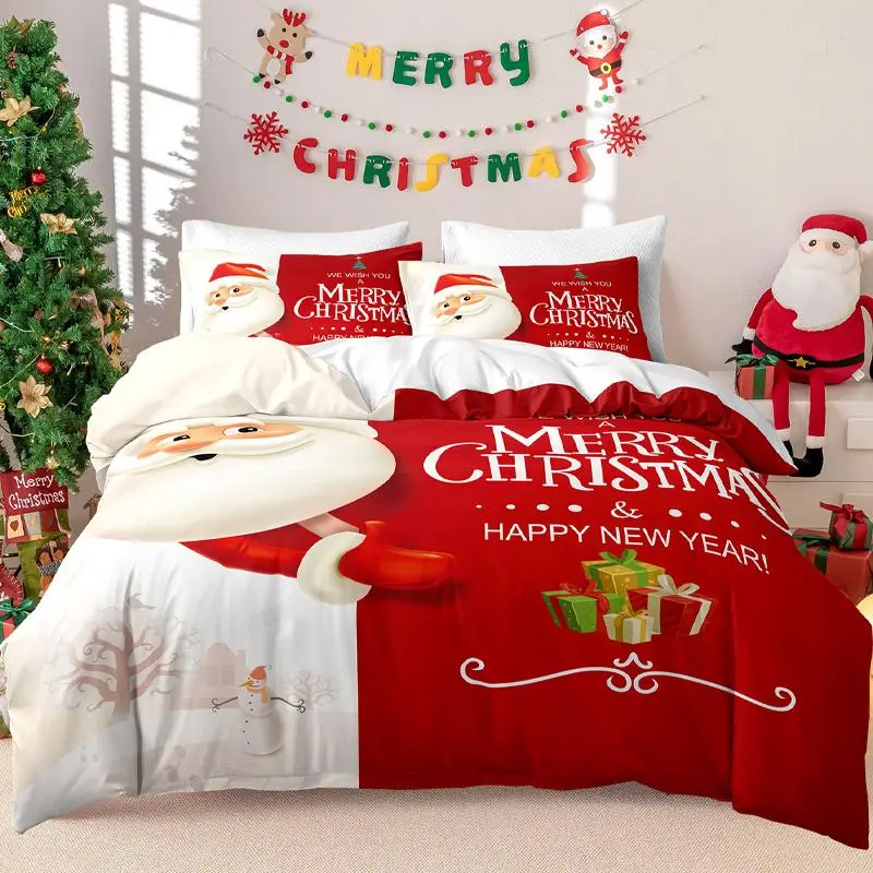 Merry Christmas Themed Duvet Cover Set, 3 Counts/set Including 1 Duvet Cover & 2 Pillowcase without Filler, Bedding Supplies for Home Bedroom Hotel, B