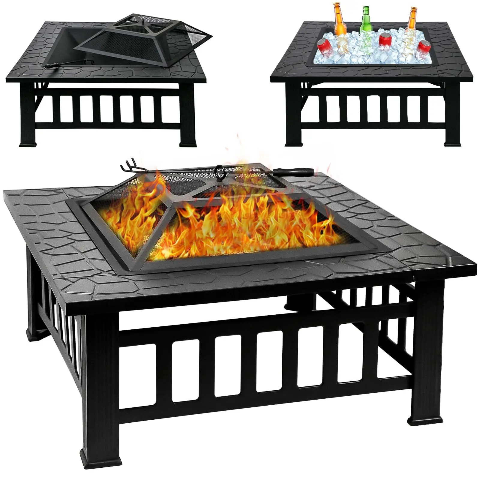 32-Inch Black 3-in-1 Metal Square Fire Pit Table - Cool Outdoor Furniture, Includes Fire Poker & Spark Screen, Portable Patio Heating Stove with Accessories for Camping, Backyard