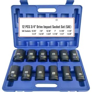 3/4" Drive  Socket Set,6-Point SAE Socket Set (13/16"-1-5/8"),12PCS Cr-Mo Material High Durability Heavy Duty  Deep Socket Set with Storage Case.
