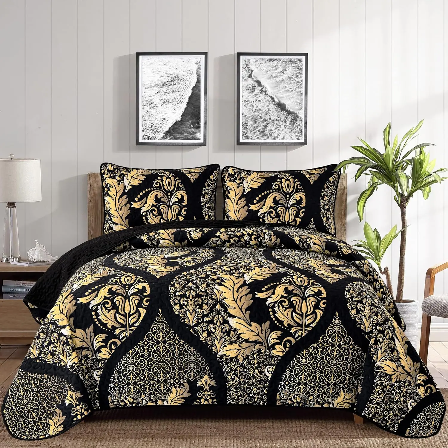 Black Quilt Set  Size, Boho  Damask Bedspread Coverlet Set Soft Lightweight Microfiber Luxury Bedding Set 3 count for All Season (96"x90")
