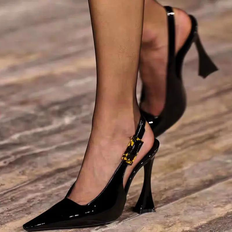 Women's Edgy Slingback Pumps Unique Curved Heel for Bold Evening Looks in Black Patent Leather