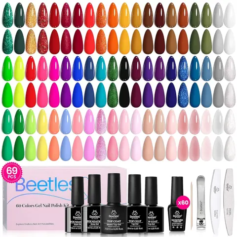 Beetles Durable UV Gel Nail Polish Set - 69PCS 60-Color Christmas Cosmetic Kit with Base Coat, Glossy-Matte Top Coat, White Glitter, Red, Green, Brown, Blue, Nude, Pink Gel for Daily Manicure, DIY Nails Inspo at Home Gift for Women,familyfun