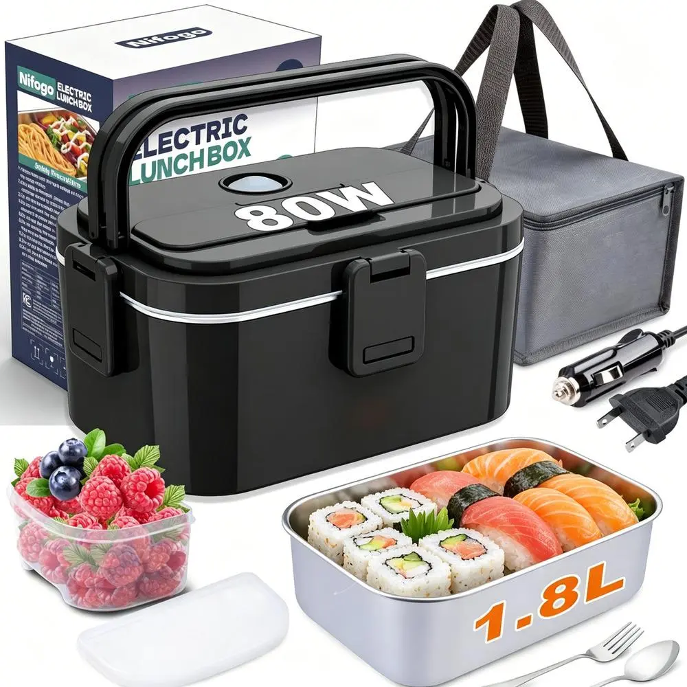Highway Driving Electric Food Warmer Container, 80-100W Triple Power, Timing Control, 304 Steel Tray, Thermal Tableware Storage, Insulated Handbag with Fork & Spoon, Lunch Boxes