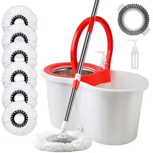 Spin Mop and Bucket with Wringer Set, Spin Mop Bucket System with 6 Microfiber Mop Replacement Heads and Floor Brush for Floor Cleaning