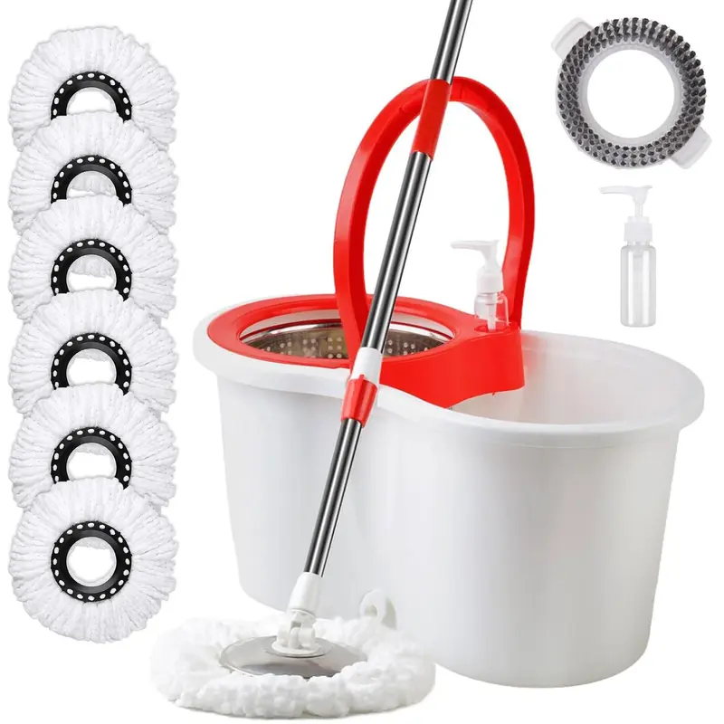 Spin Mop and Bucket with Wringer Set, Spin Mop Bucket System with 6 Microfiber Mop Replacement Heads and Floor Brush for Floor Cleaning