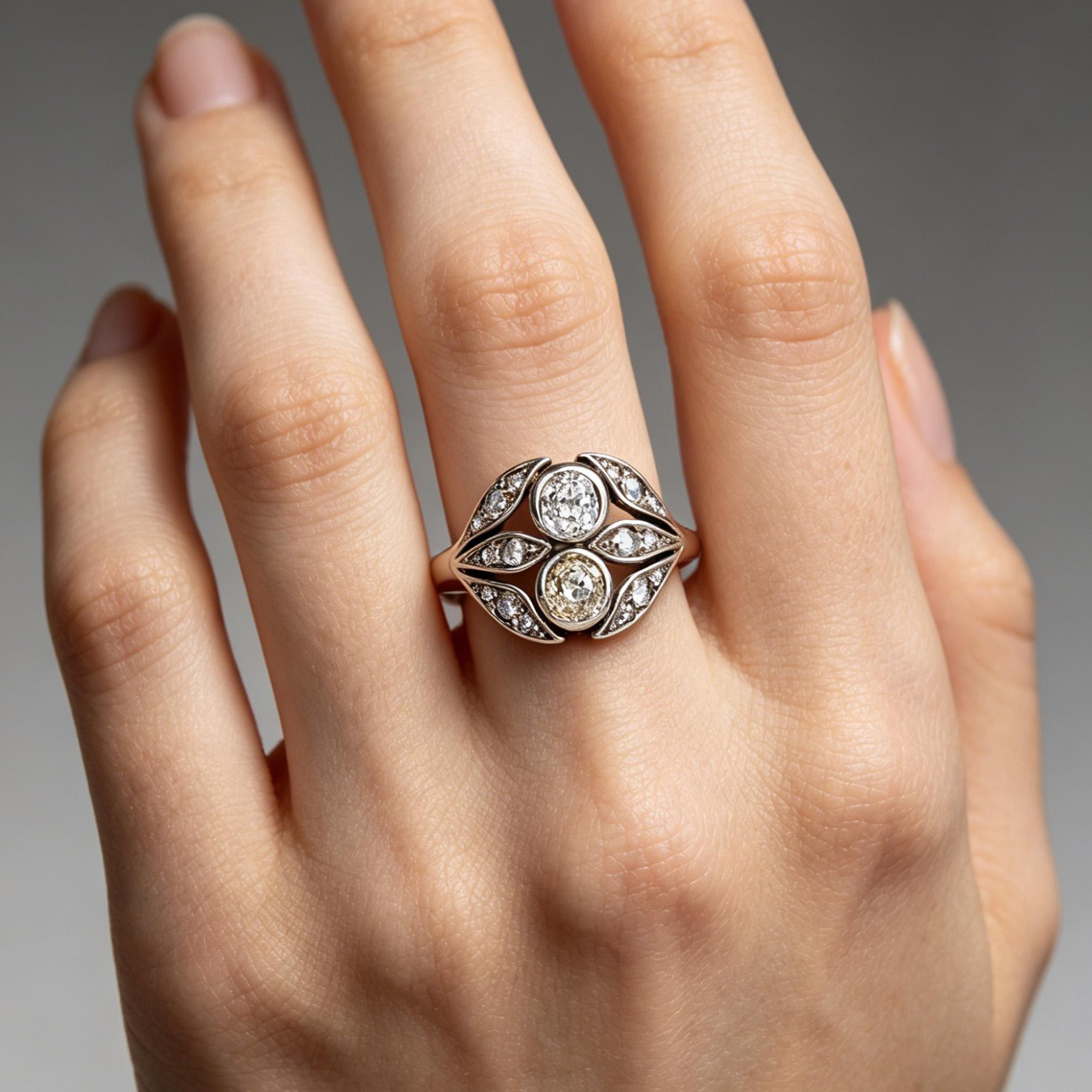 An Edwardian-style vintage court ring featuring an old European cut, exquisite openwork leaf design, and large synthetic zirconia stones. This beautiful engagement ring embodies a luxurious yet understated antique jewelry aesthetic.The  gift for her.