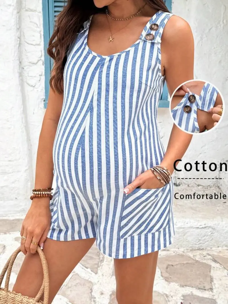 NANCY Maternity Blue Striped Cotton Romper - Breathable Sleeveless Jumpsuit with Adjustable Buttons & Pockets