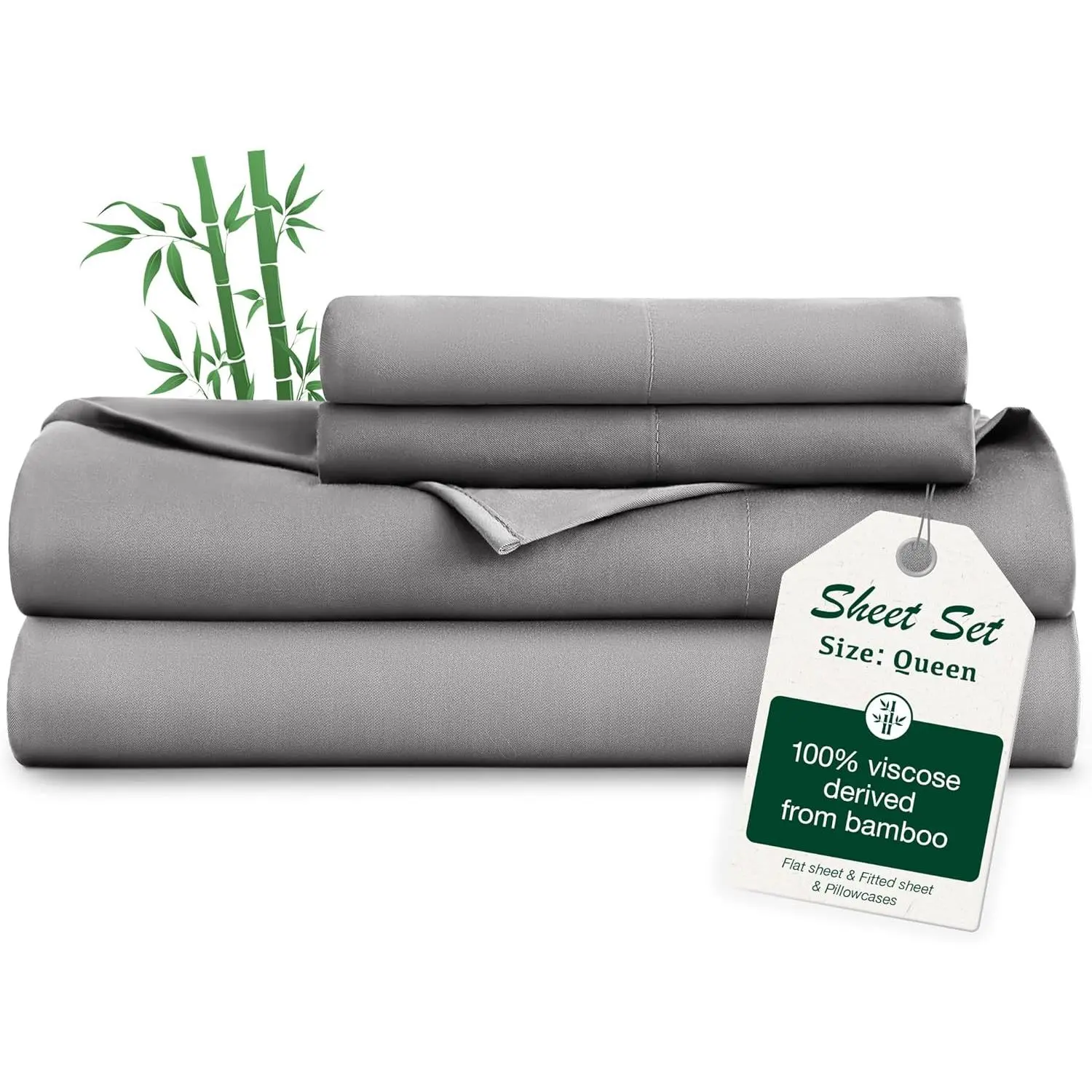 Sheet Set, Cooling Sheets for  Size Bed Set,  Rayon Derived from , Breathable & Soft Deep Pocket Up to 16", Hotel Luxury Silky Bedding Sheets, Grey