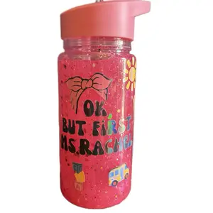 But First Ms Rachel Glow in the Dark Snowglobe Tumbler 10 oz Acrylic Cup with Pink Lid and Fun Design