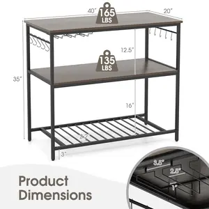 COSTWAY - Kitchen Island with 3 Shelves Wine Glass Holders and 10 Hooks-Gray