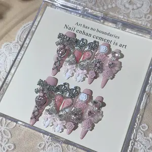 AURÉA | Y2K Princesscore 3D Crystal Bow Press-On Nails Stiletto Shape Pink Gradient Silver Chrome Bows Salon-Quality Finish