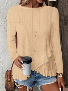 Women's Casual Lace Trim Solid Color Long Sleeve Top Blouse, Spring & Fall Fashion Outerwear, Stylish Ladies' Clothing Womenswear