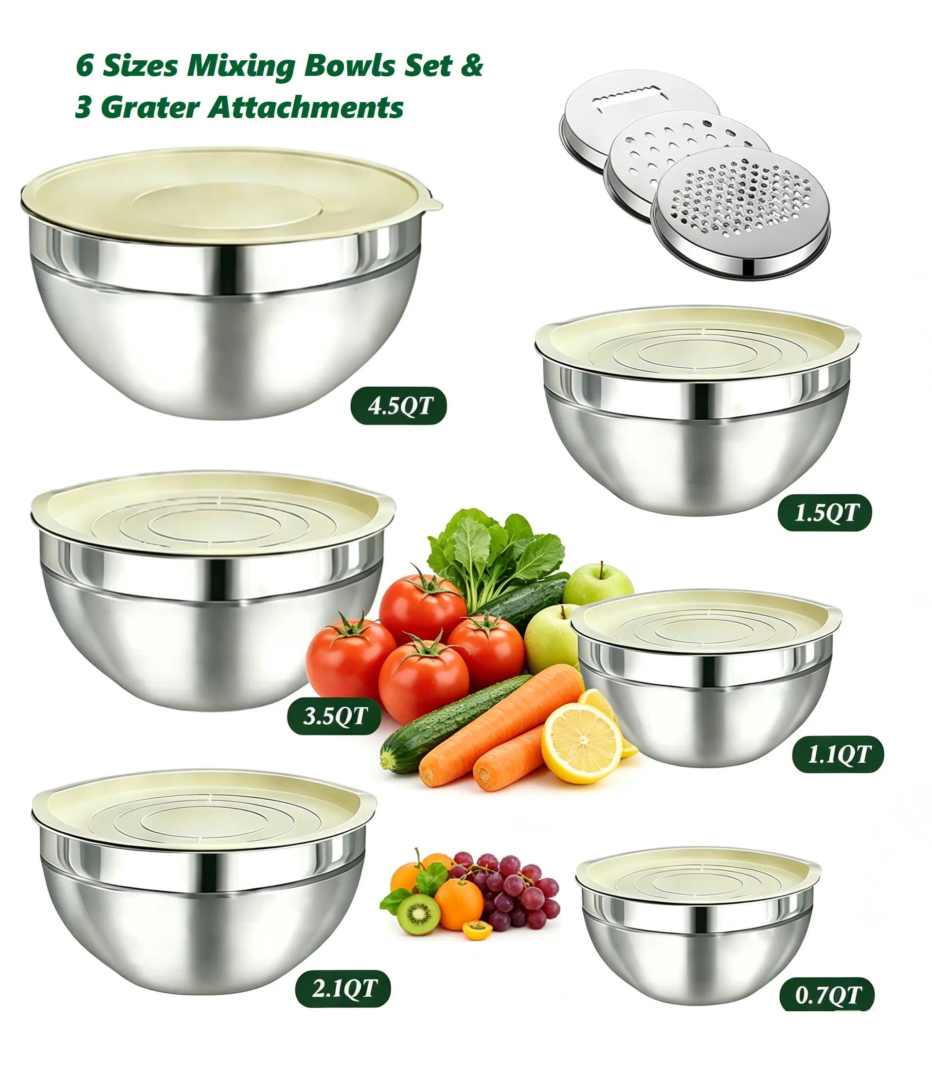 Stainless Steel Mixing Bowl Set (6-Piece) with Airtight Lids, 3 Vegetable Slicers - Durable Bowls, Stackable Nesting Kitchenware for Baking, Serving
