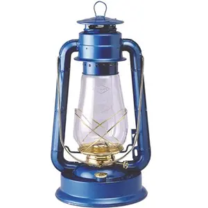 21St Century Product  Hurricane Lantern for Blue Baked Enamel with Brass Plate Trim, Hurricane Lamps, Brass Trim, Long Burn