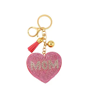 Rhinestone Heart Shape MOM Key Chain 6 Inch Sparkling Pink Rhinestones with Red Tassel & Gold Accents for Moms