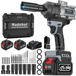 1000N.m Cordless Impact Wrench, All-Metal Cordless Impact Gun with 2 * 4.0Mah, 3-IN-1 Electric Impact Wrench with 5 Sleeves Power Tools
