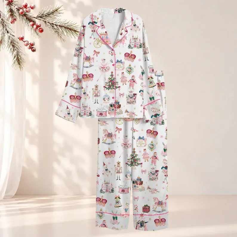 Nutcracker Christmas Pajama Set, Pink Ballet Holiday Sleepwear, Sugar Plum Fairy PJs, Christmas Gift