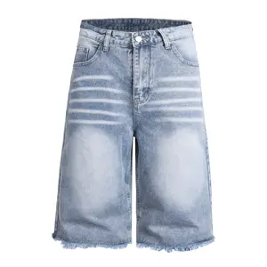 JUNBAOSS Menswear Baggy Denim Shorts - Y2K Casual Vintage Wide Leg Skater Style, Comfy Loose Below-Knee Jorts, Cotton Fabric, Distressed, Street Style, Classic Hipster Summer Outdoor Wear