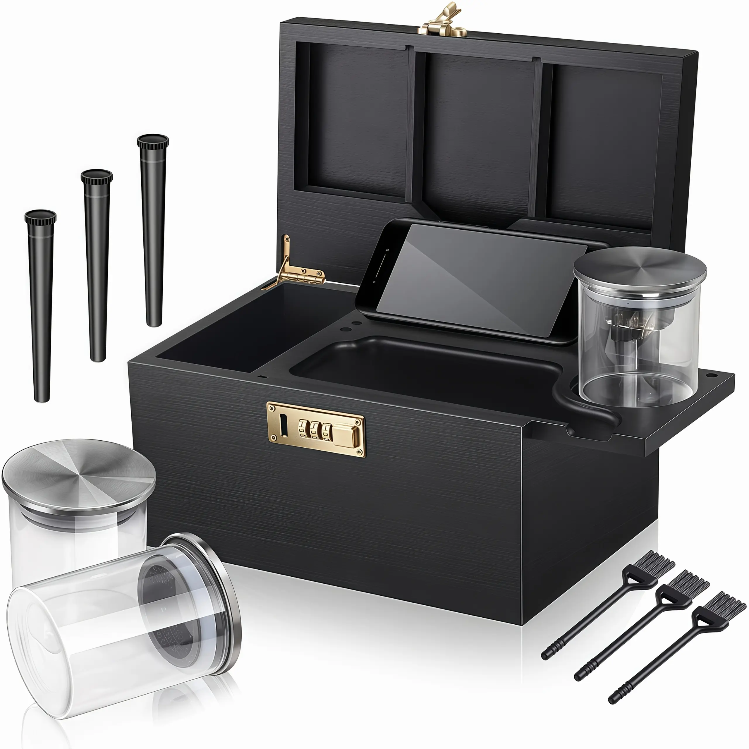 Large Bamboo Storage Box with Combination Lock - Premium Smell-Proof Design & Detachable Compartments| Includes 3 Glass Jars, Brushes & Tubes| Wooden Box Kit with Sliding-Tray- Elegant Gift Set for Essentials Organization (Black&Original)
