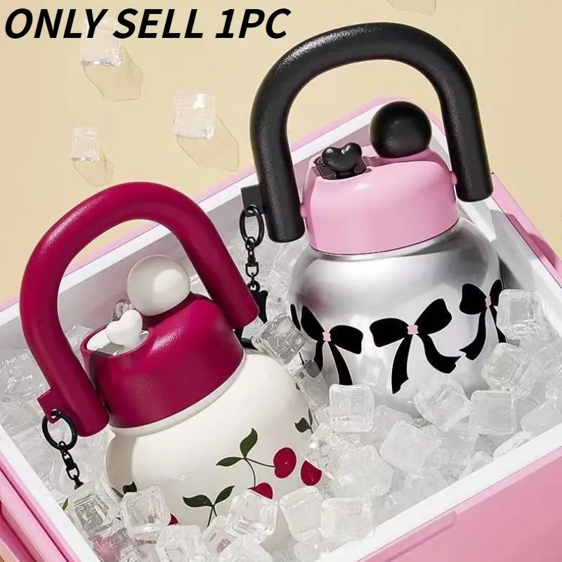 Cute 23oz Water Bottle with Decorations, Durable Plastic Material, Dual Straws Design, Wide Mouth, Removable Travel Strap, Portable, Ideal for Girls