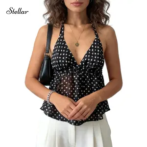 Women Polka Dot  Tank Tops Halter Neck Sleeveless Fashion Summer Flowy Vest For Vacation Beach
