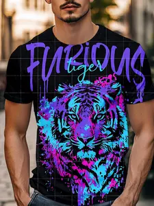 Men's Blue Tiger Ink Printed Tee, Neon Color Block Design, Loose Fit Slimming, Punk Party Essential, Vintage Streetwear