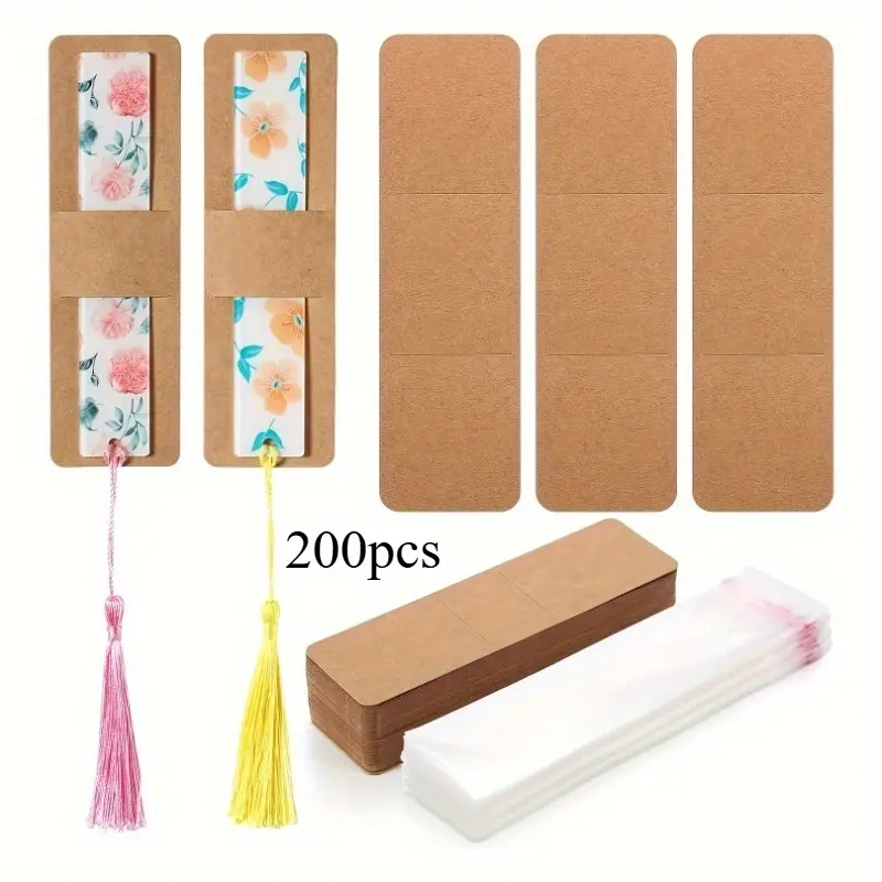 200pcs Kraft Paper Bookmark Sleeve Sets with 100 Clear Self-Adhesive Bags - Khaki Bookmark Gift Envelopes with Tassel Holder Card Slot, Christmas Tree Themed Craft Accessories