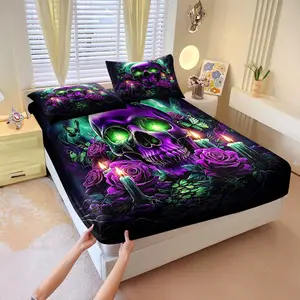 Gothic-style skull print fitted sheet set,Decorative bedsheet sets,Includes 1 Fitted Sheet & 2 Pillowcases without Filler,Retro luxury, unique and stylish,Multiple styles available,Dark romance,Trendy bedroom decor.