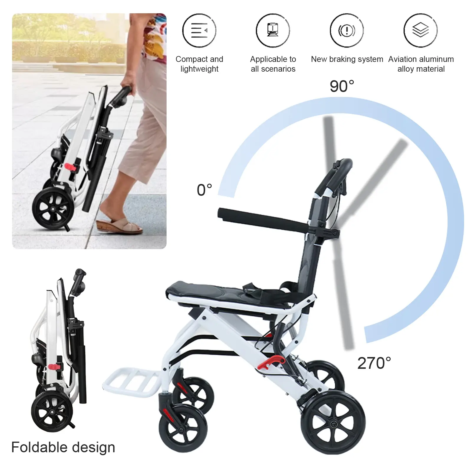 summervibes Lightweight Folding Wheelchair for Seniors with Aviation Aluminum Frame, Flip Armrests, Secure Brakes, Spacious Seating, Ideal for Safe Transfers Indoors and Outdoors