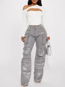 Time To Shine Foil Baggy Cargo Jeans - Silver