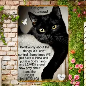 1pc Inspirational Black Cat Vintage Metal Tin Sign - "Just Give It to Jesus" Religious Wall Art, 8x12 Inch, Rustic Distressed Design with Golden-Brown Border & 3D Effect, Retro Iron Decorative Plaque for Home, Office, or Bar, Cat Decor