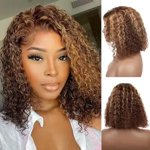 4x4 Glueless HD Wig Human Hair 180% Density Pre-Plucked  Pre-Cut Deep Wave Lace Front Afro Curly Wig for Black Women 8"-16" Ombre Honey Blonde and Natural Black