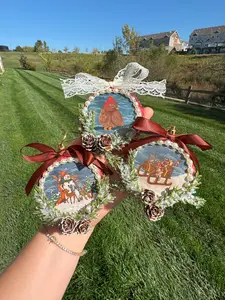 Handmade Holiday Ornament 3.15" Hard Plastic with Hand-Painted Texture Original Artwork Pearl Frame Glittered Pine Needles Pinecones lace Bow Festive Christmas Decoration