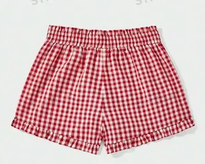 Vhein Women's Plaid Print Patched Decor Button Front Elastic Waist Shorts Casual Comfy Straight Leg for Summer Beach Fit Baggy Loose Oversize